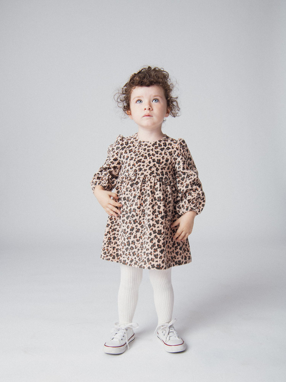 Beige corduroy dress with leopard print for baby girl