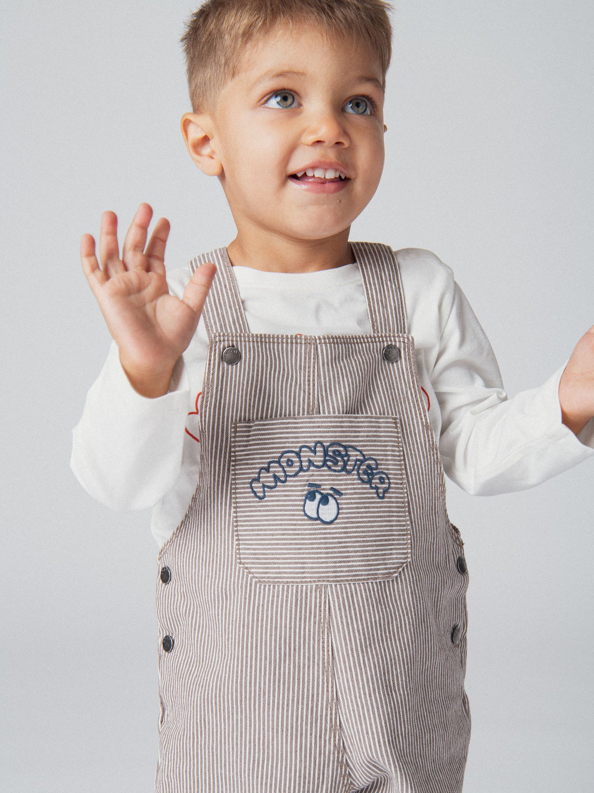 Striped cacao and ecru denim "Monster" dungarees for baby boy