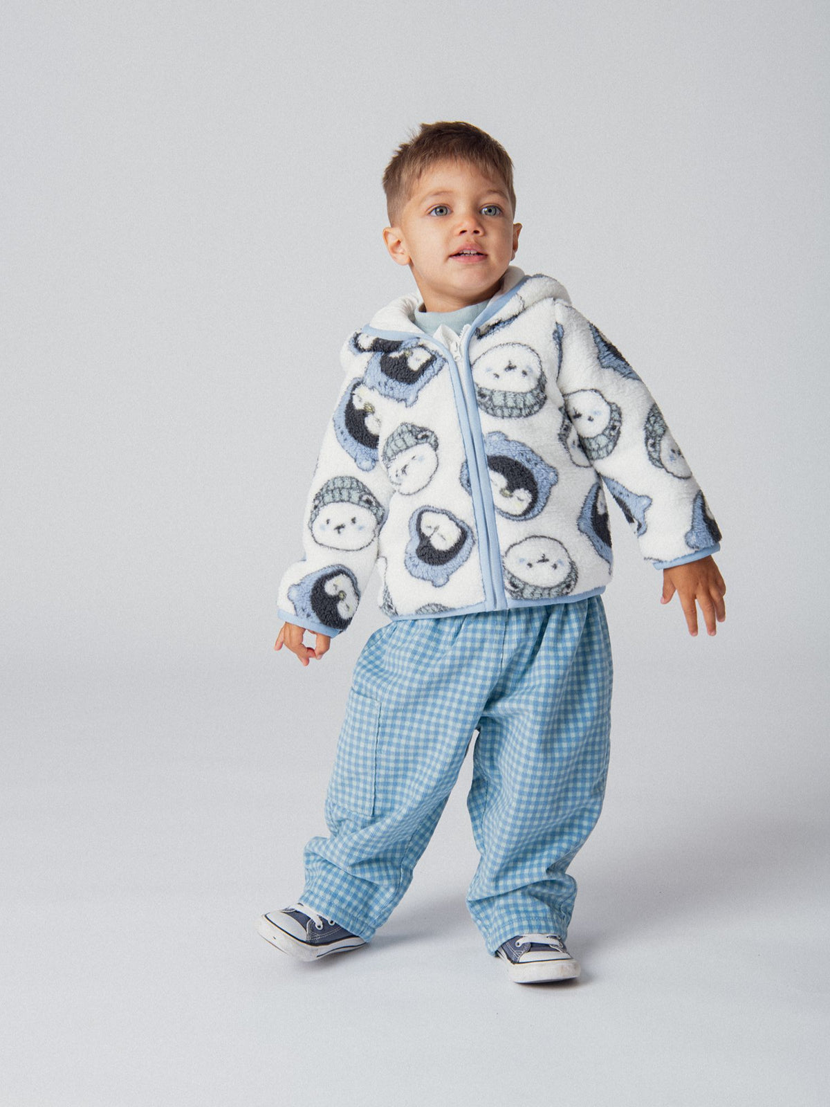 Hooded Sherpa Jacket with Penguin and Bear Print for Baby Boys