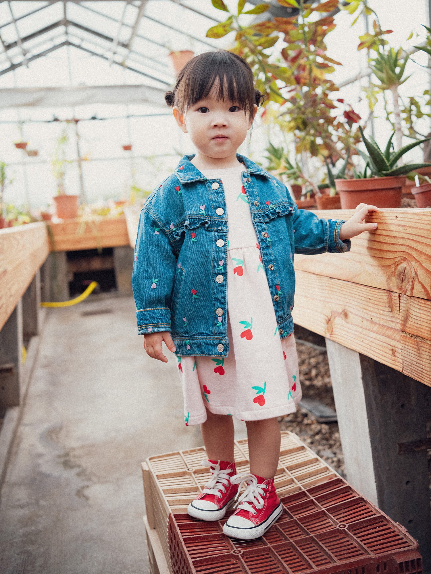 Denim Jacket with Ruffle and Flower Heart Embroidery for Baby Girl