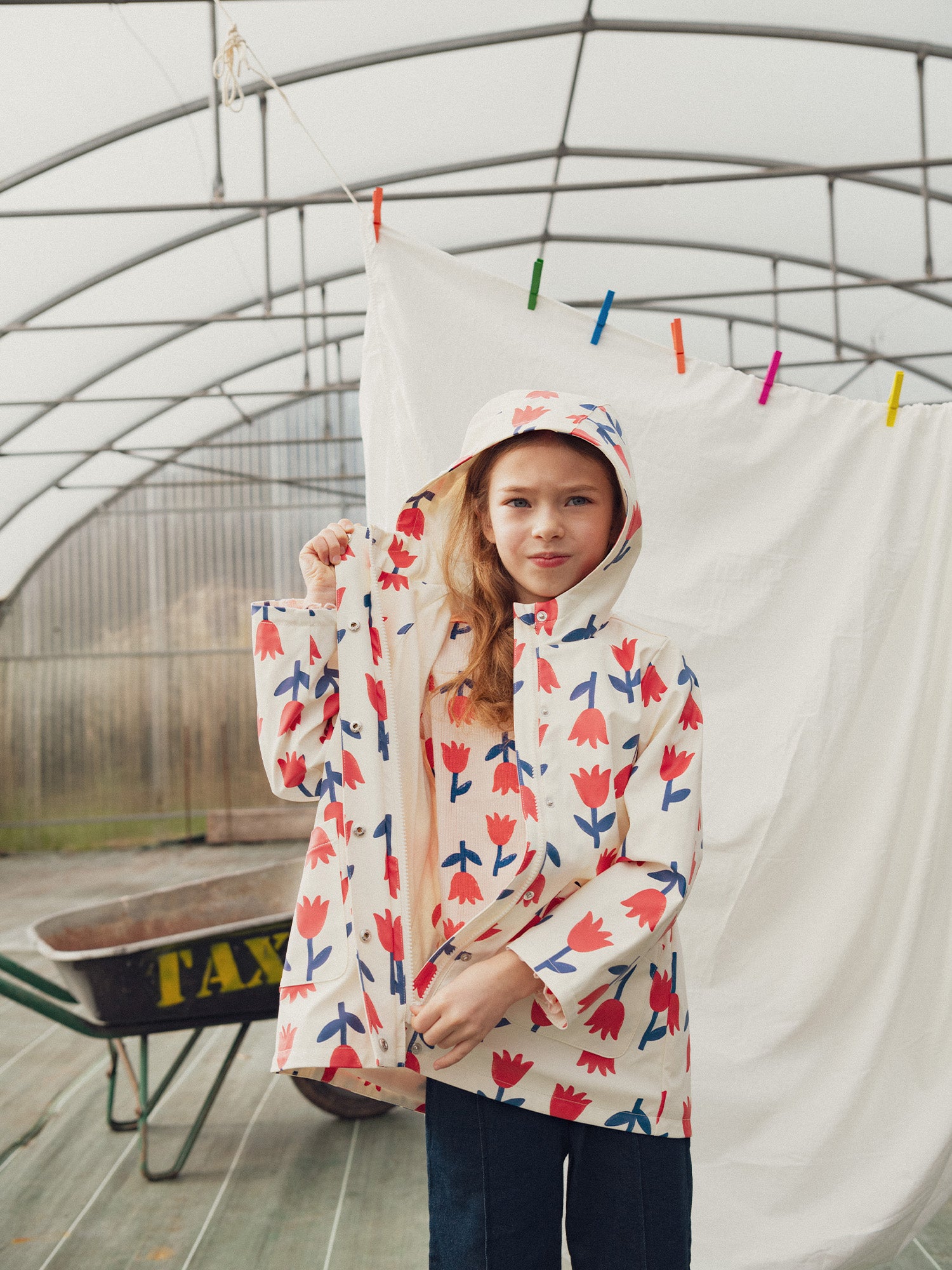 Ecru Raincoat with Flower Print for Girls