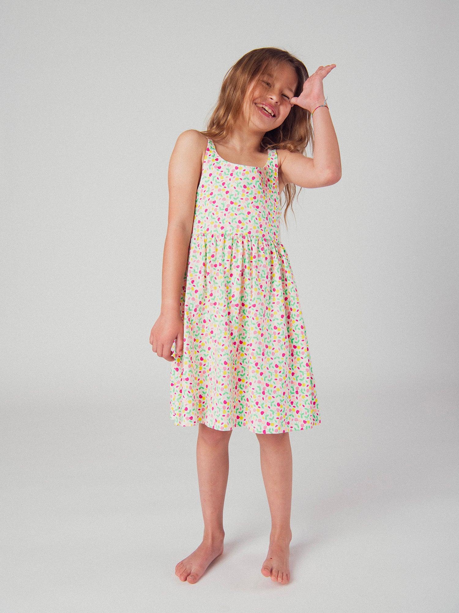 Strap dress with colorful cherry print for girls