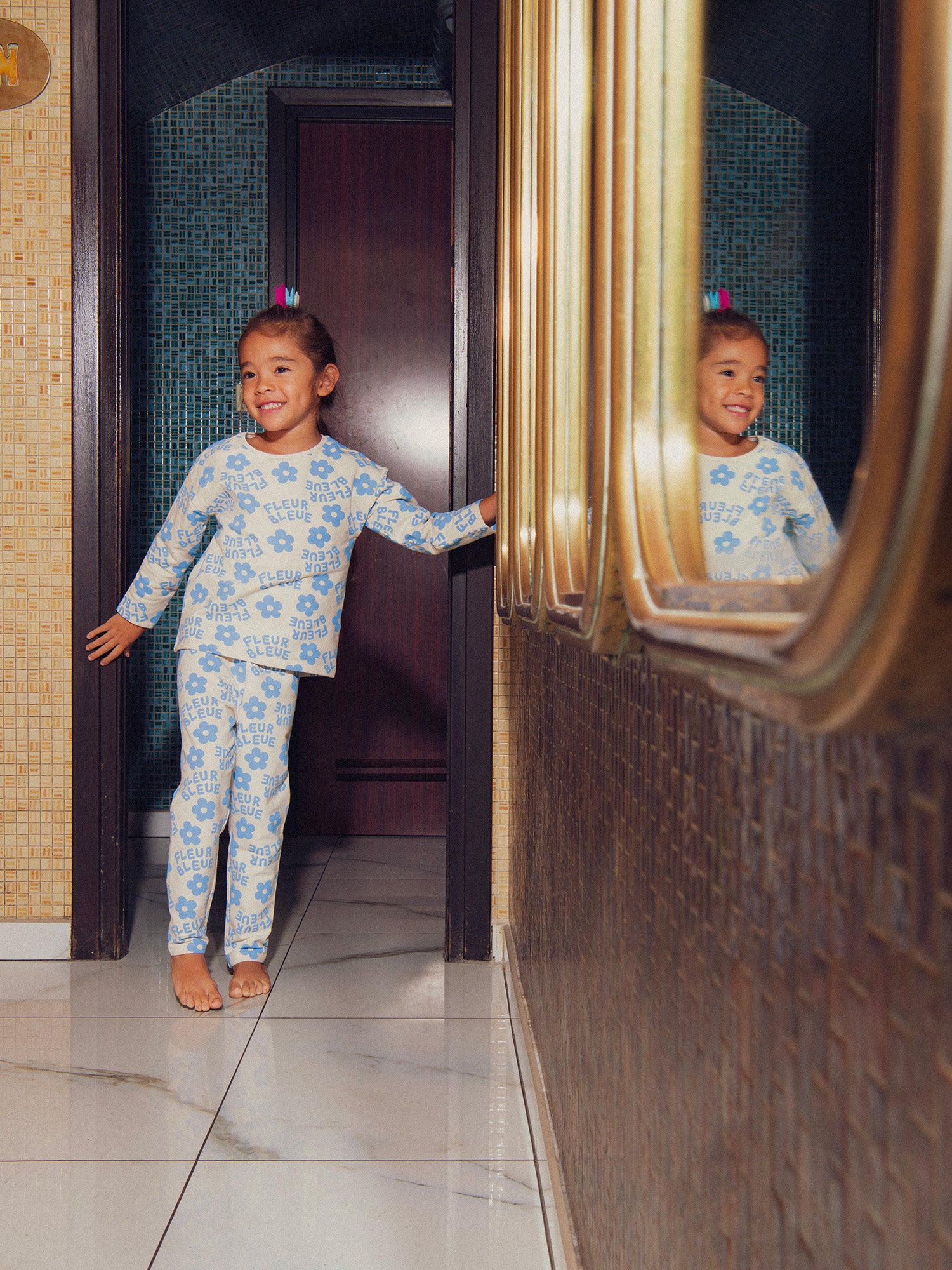 Cream Pyjama Printed All-Over with Blue Flowers for Girls