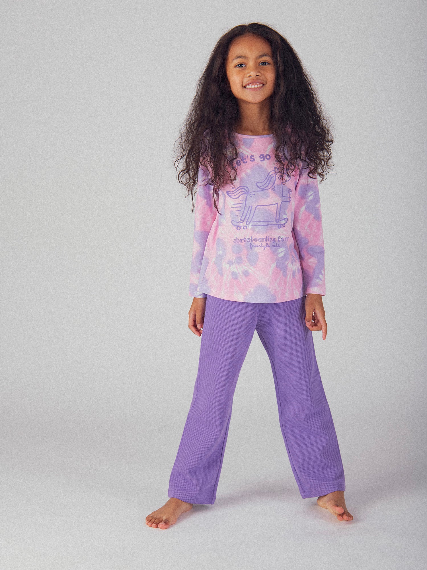 Purple Tie-Dye Pyjama with 'Poney Skateboarding Fever' for Girl
