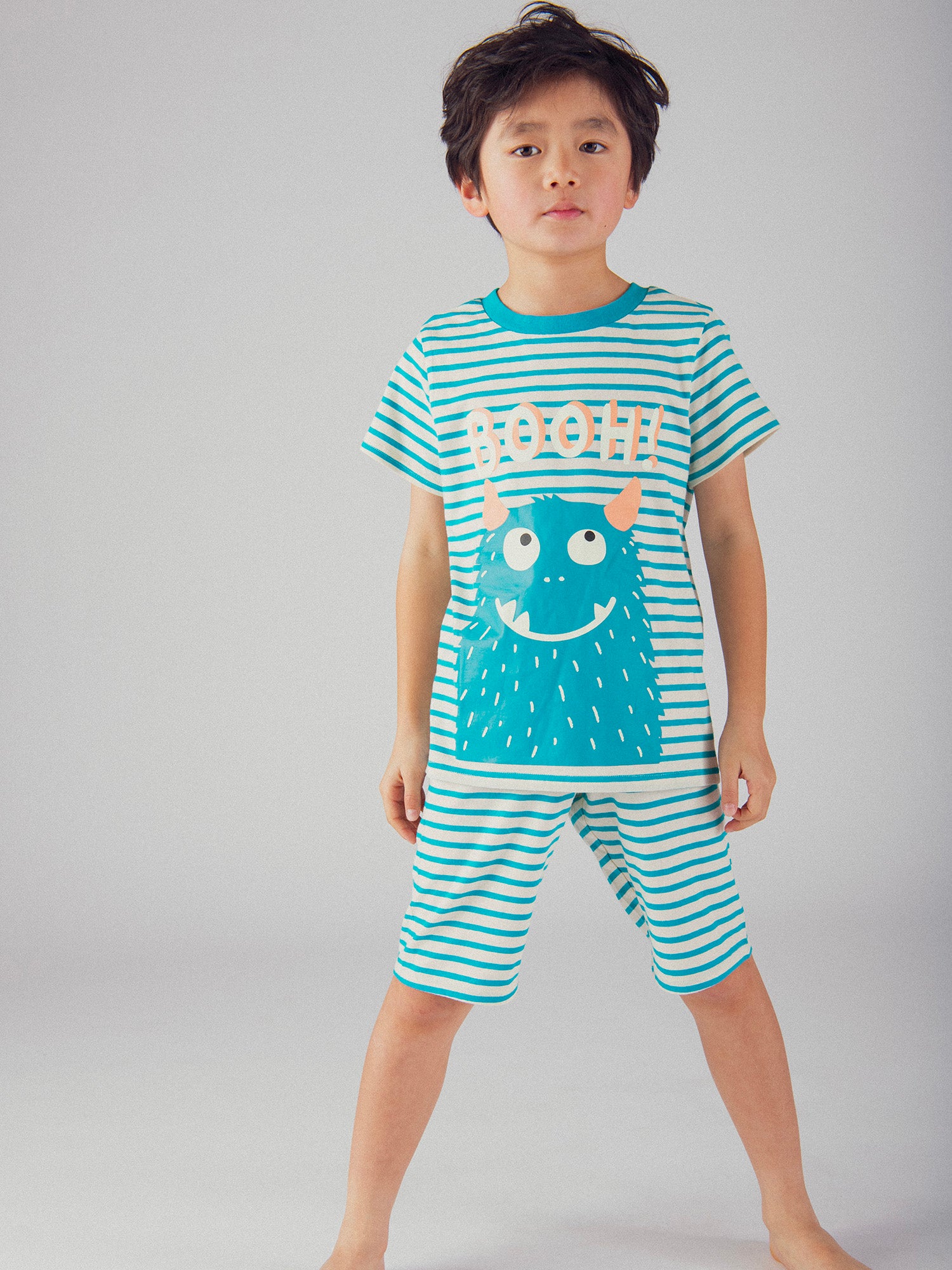 Phosphorescent striped short pyjamas with "Funny Monster" pattern for boy