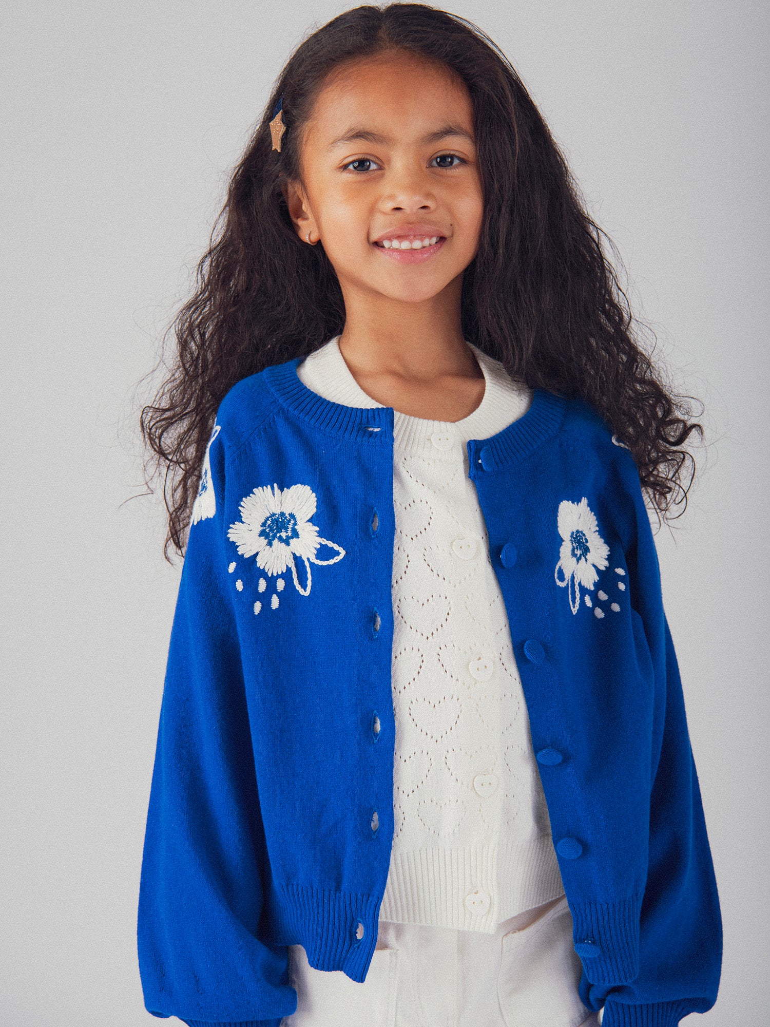 Blue Cardigan with Flower Embroidery for Girls