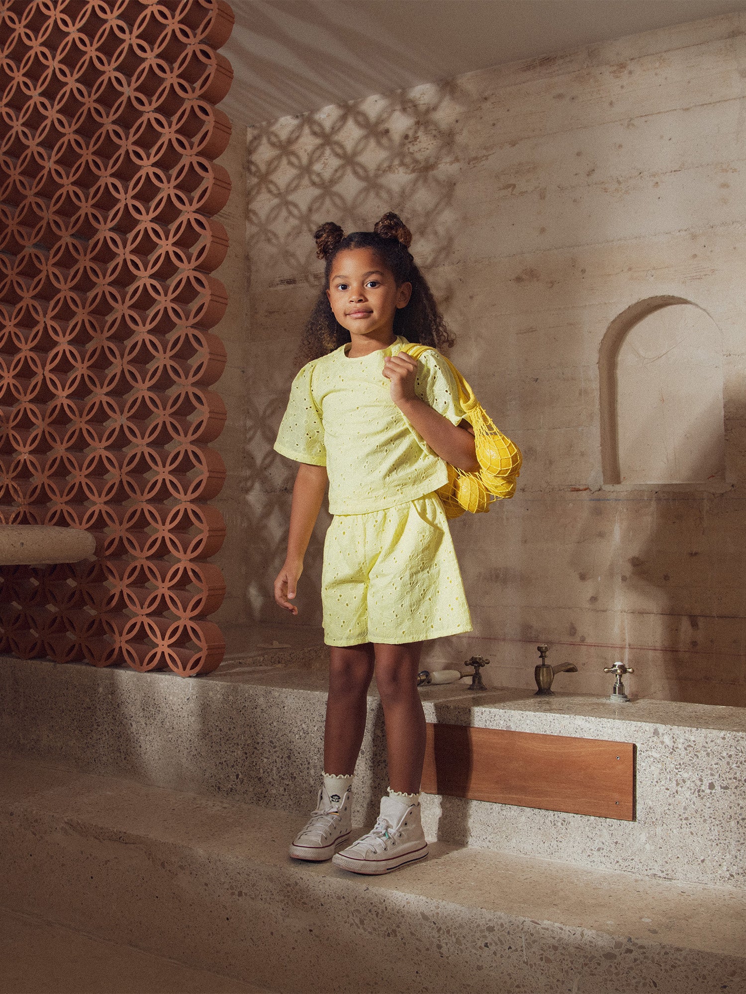 Pale yellow blouse in English embroidery for girls