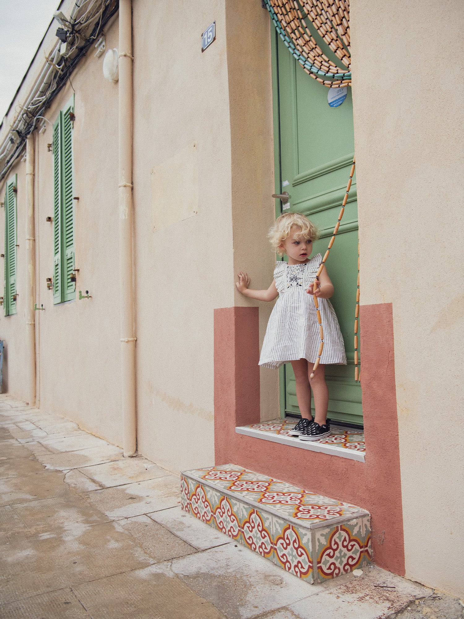 Striped and Embroidered Dress with Ruffled Shoulders and Bloomer for Baby Girl