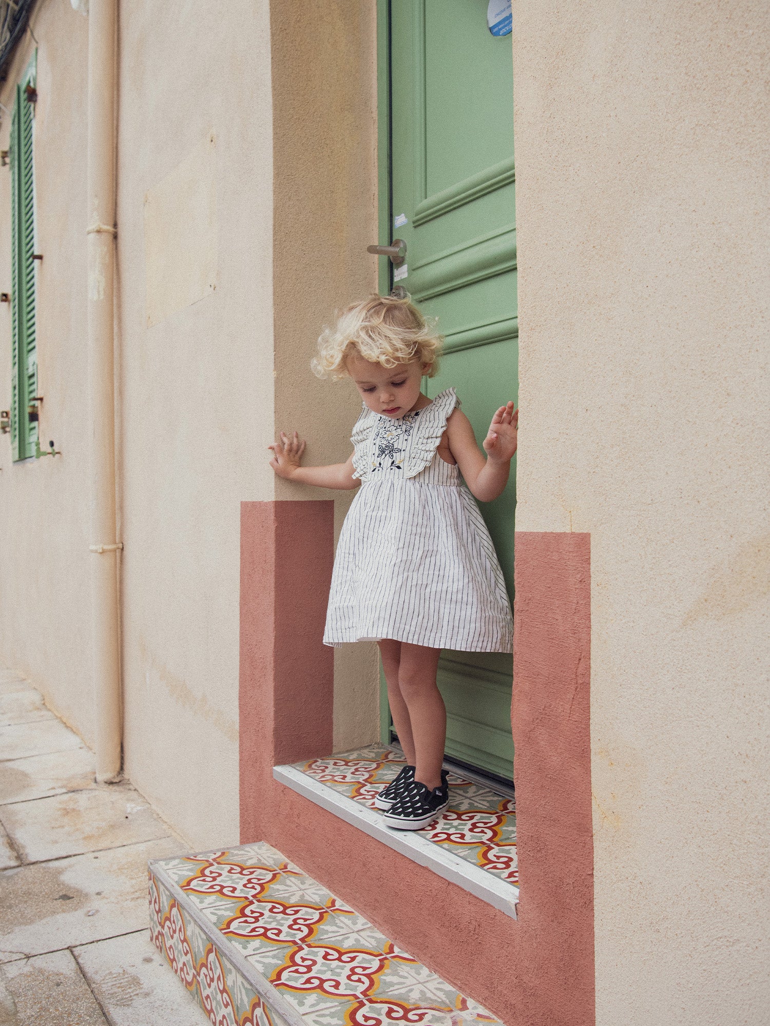 Striped and Embroidered Dress with Ruffled Shoulders and Bloomer for Baby Girl