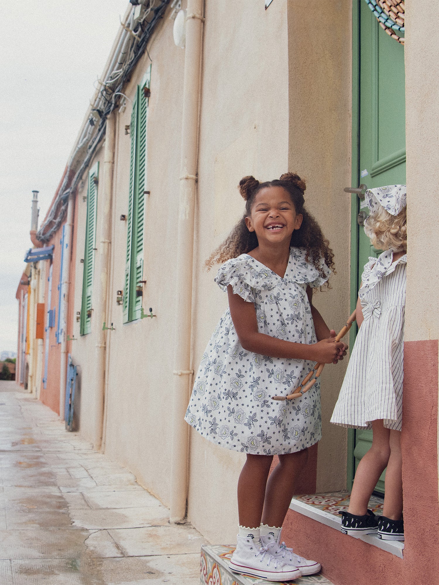 Ecru floral printed dress for girls