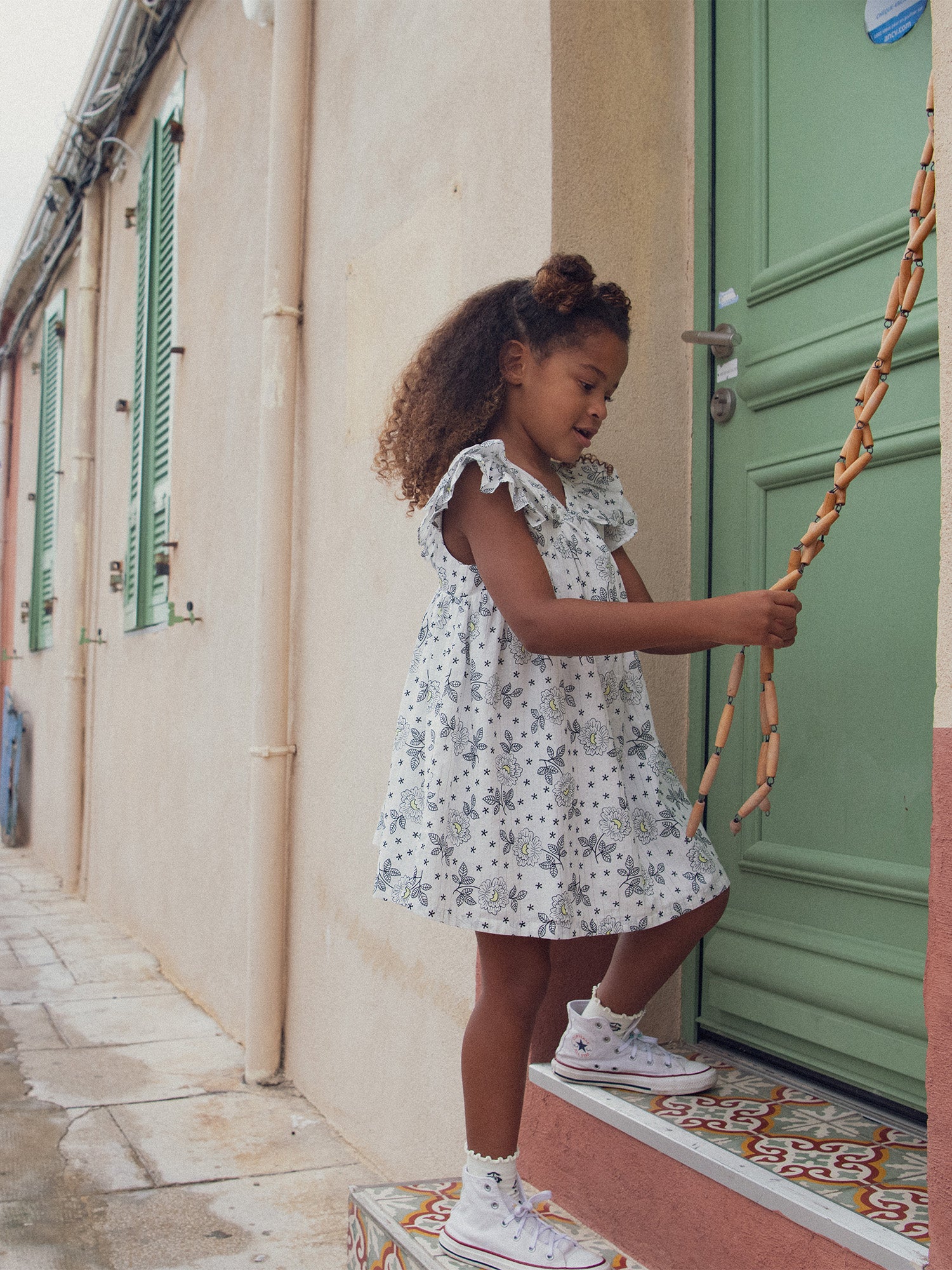 Ecru floral printed dress for girls