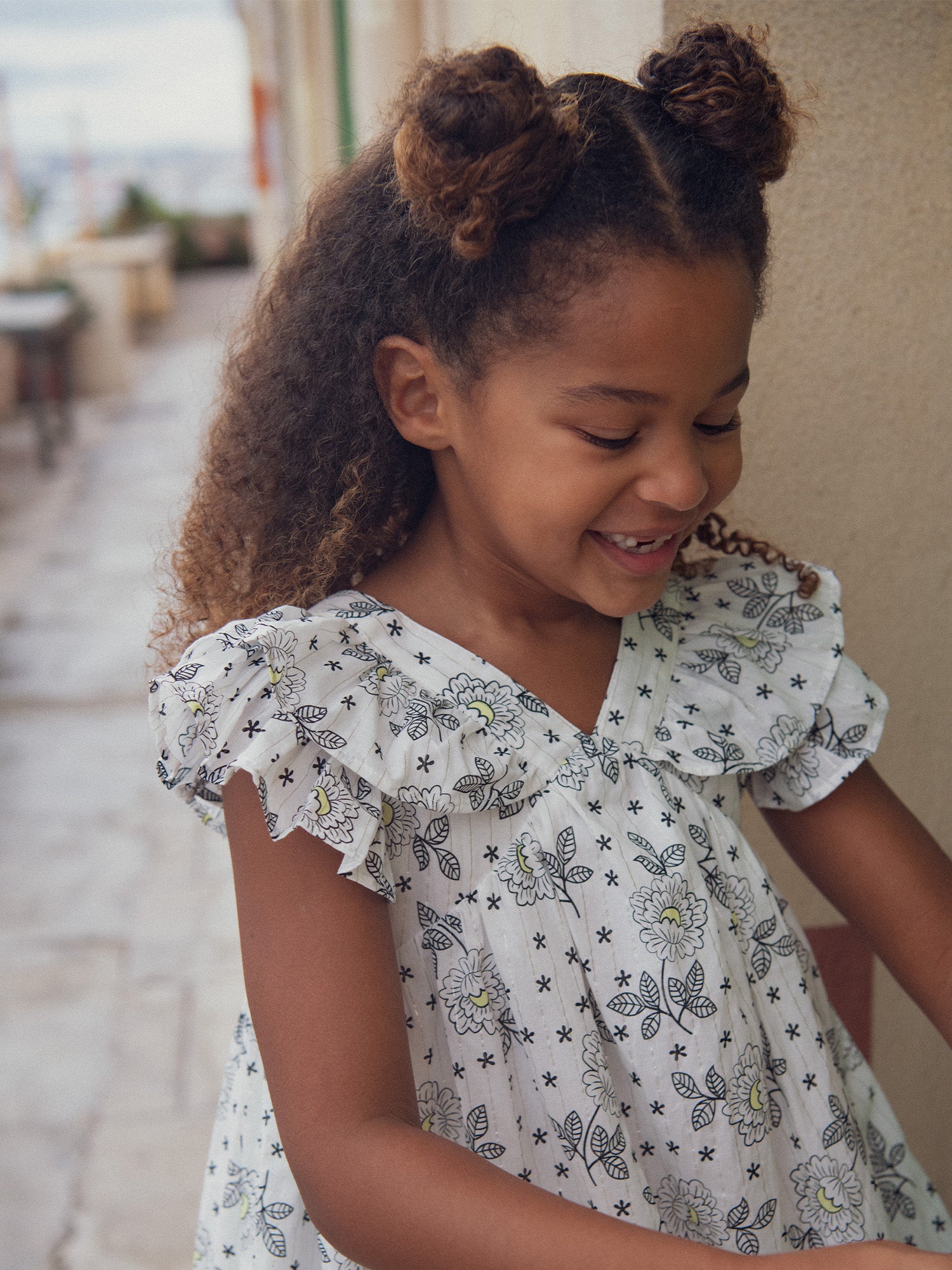 Ecru floral printed dress for girls