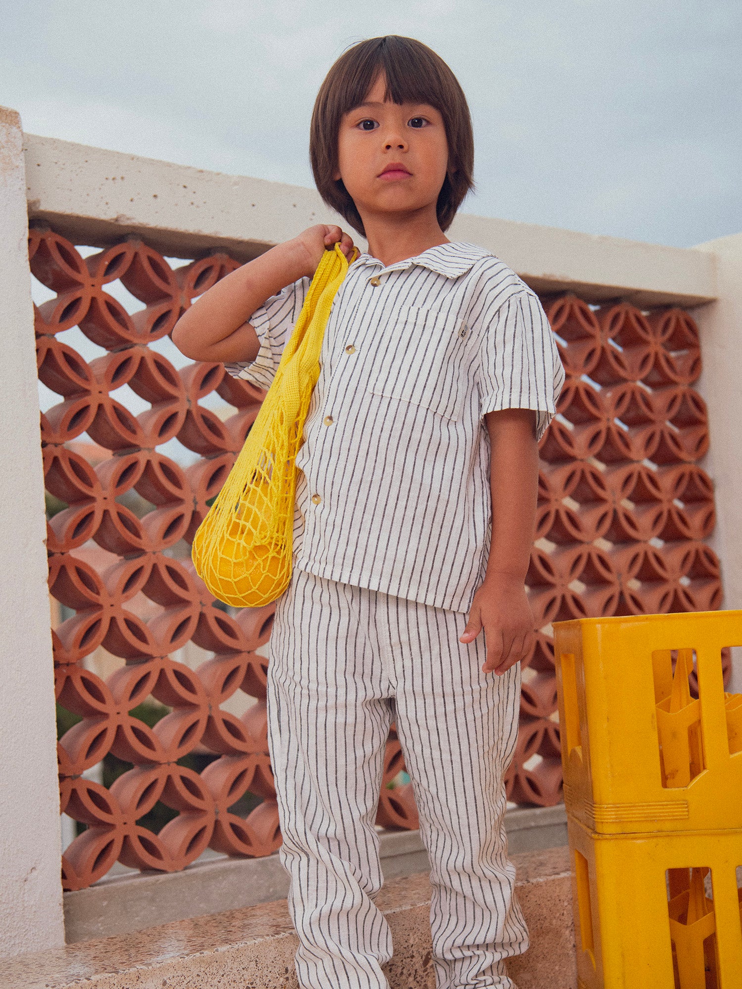 Ecru Short Sleeve Striped Shirt for Boys