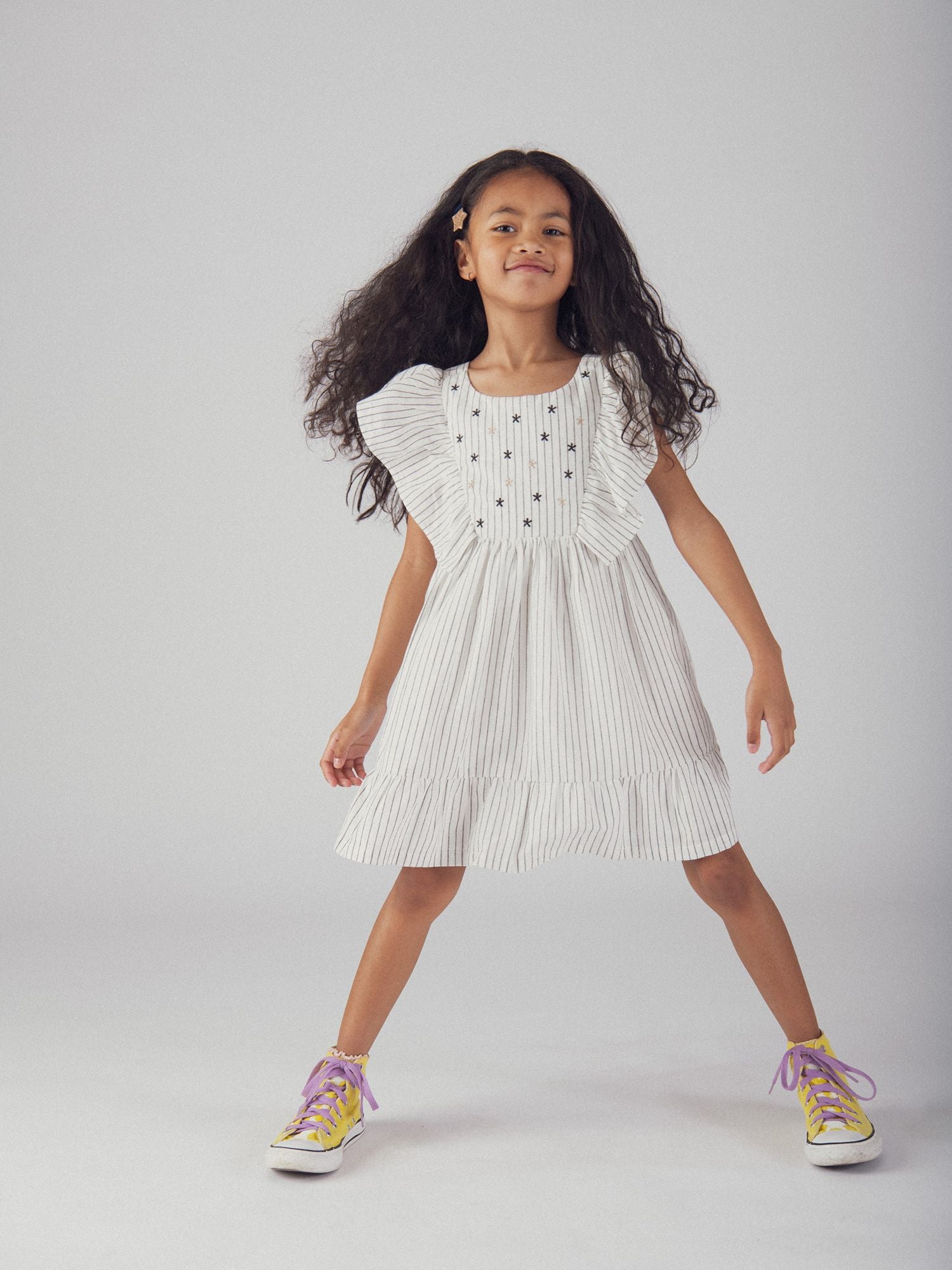 Ecru Dress with Flower Embroidery for Girls