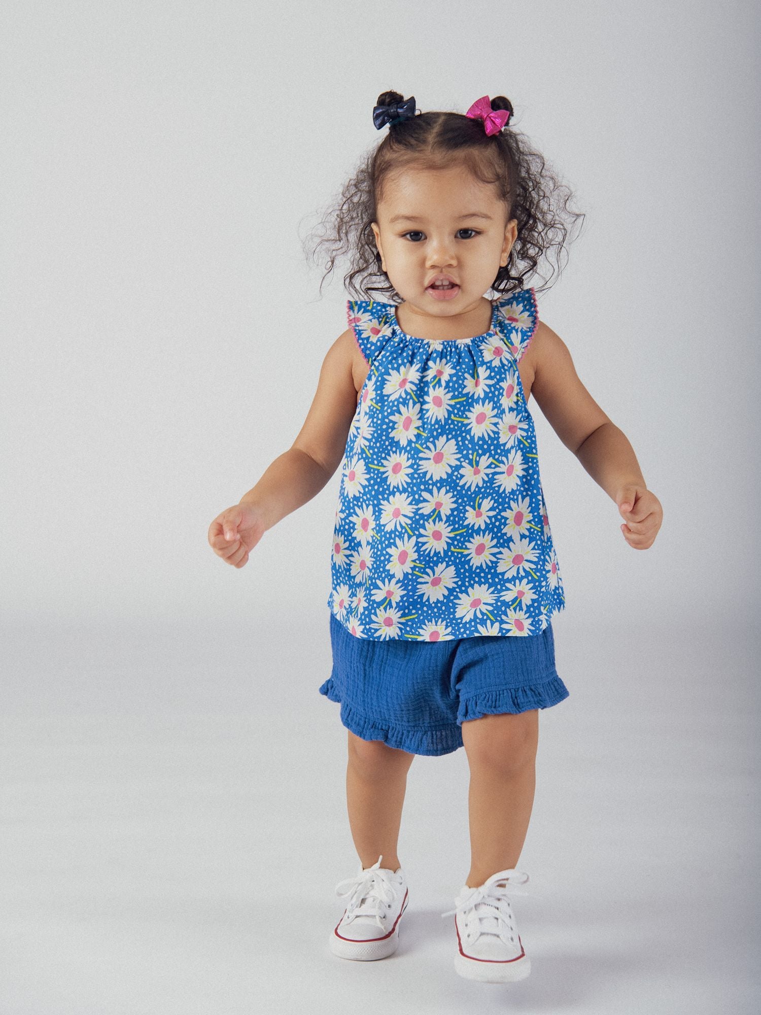 Blue Floral Outfit with Solid Shorts for Baby Girls