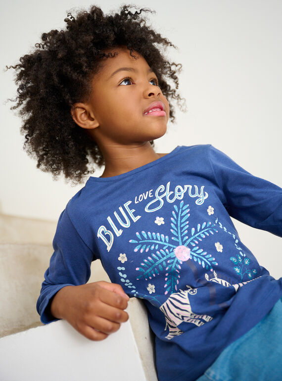 Girls' dark blue zebra, palm and flower T-shirt TADETEE1 / 24S901J3TMLC220