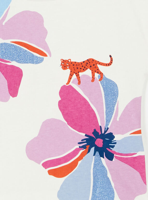 Ecru and pink t-shirt with floral print and leopard in cotton LABLETI / 21S901J1TMC001