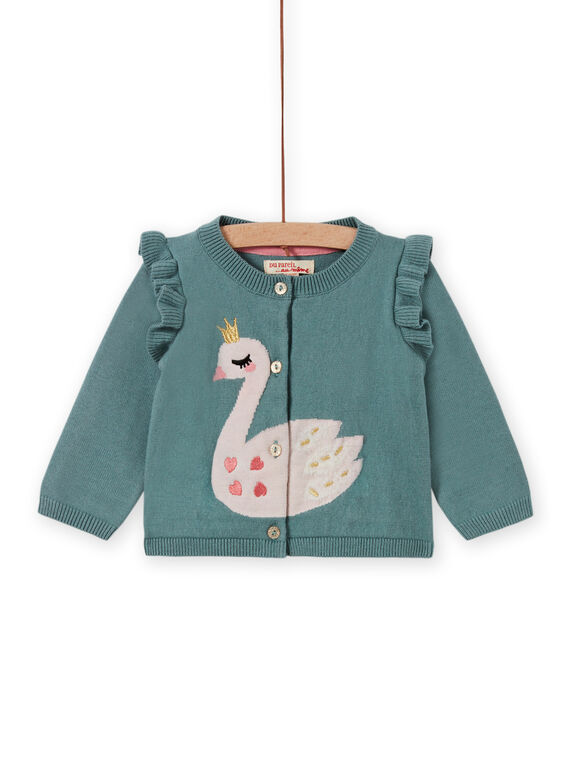 Baby girl khaki green cardigan with swan motif MIKACAR / 21WG09I1CAR612