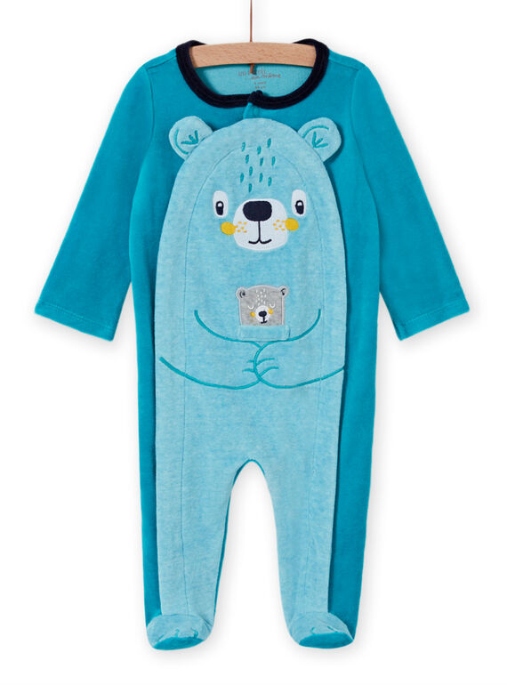 Baby boy turquoise velvet romper with teddy bear pattern MEGAGREOUR / 21WH1484GRE202