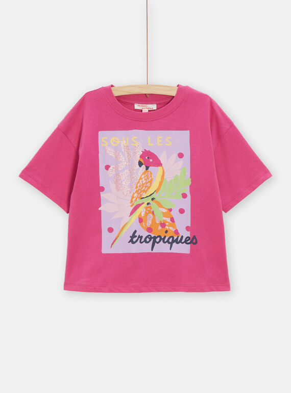 Girls' fuchsia tropical T-shirt TAJOTI5 / 24S901C2TMC304