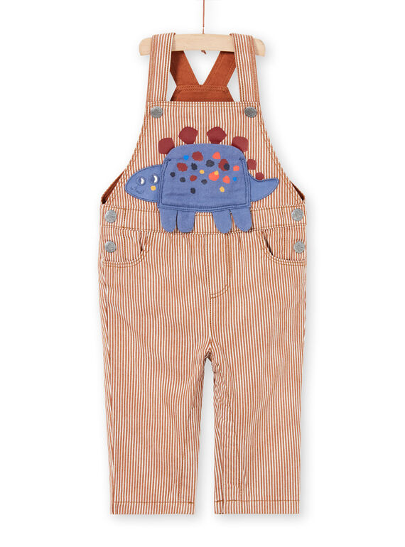Baby boy's brown and ecru striped twill overalls with dinosaur animation MUPASAL / 21WG10H1SALI811
