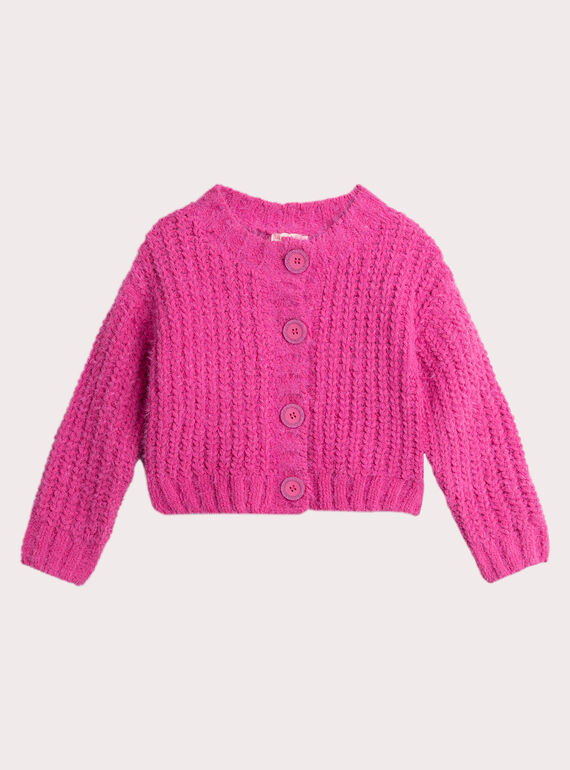Fuchsia pink feather knit cardigan for girls  VAJOCAR3 / 24W901H3CAR030