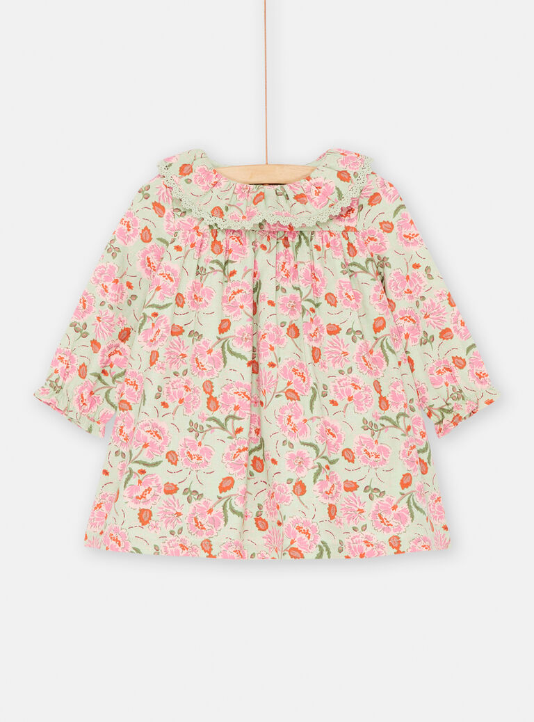 Baby girl green and pink twill dress with floral print Baby girl green and pink twill dress with floral print SIVERROB1 / 23WG09J1ROB631