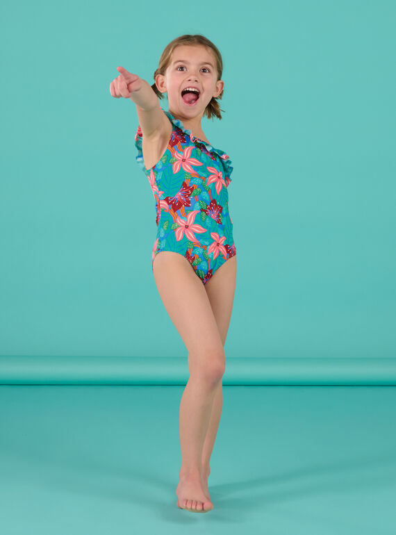 Turquoise 1 piece swimsuit with flower print RYAMER3 / 23SI01R5MAIC217