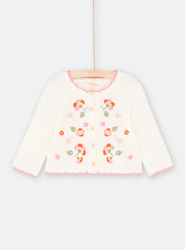 Baby girl ecru cardigan with floral embroidery SIVERCAR2 / 23WG09J1CAR001