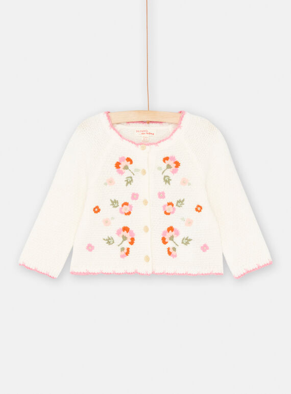 Baby girl ecru cardigan with floral embroidery SIVERCAR2 / 23WG09J1CAR001