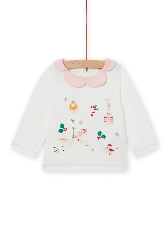 Baby Girl Ecru Ruffled Collar & Fantasy T-Shirt MINOBRA / 21WG09Q1BRA001