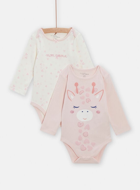 Set of 2 ecru and pink long-sleeved baby girl bodysuits TEFIBODGIR / 24SH1365BDLE408