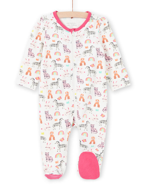 Baby girl's ecru sleep suit with animal print, rainbow and colored crowns MEFIGREANI / 21WH1333GRE001