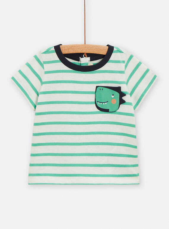 Ecru and green striped t-shirt with dinosaur animation for baby boys TUJOTI3 / 24SG10D3TMC003