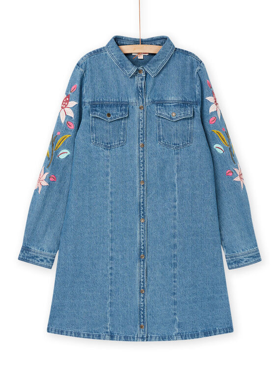 Blue denim dress with floral embroidery on the sleeves RAMAGROB3 / 23S901T2ROBP272