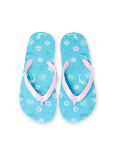 Girl's turquoise dolphin, flower and leaf print flip flops LFTONGMER / 21KK3564D01202