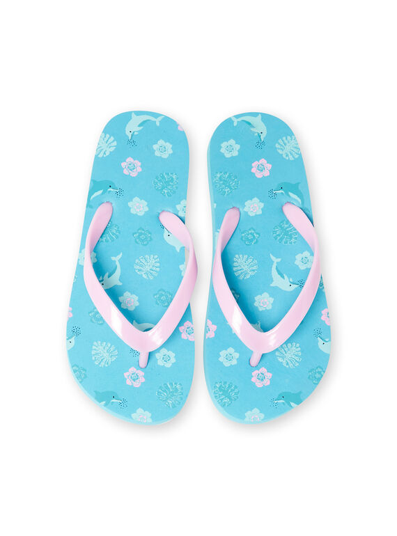 Girl's turquoise dolphin, flower and leaf print flip flops LFTONGMER / 21KK3564D01202