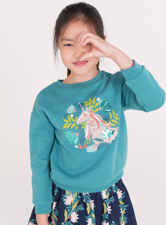 Blue green unicorn animation sweatshirt with sequins for girls  VAKLISWEA / 24W90141SWE215