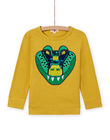Boy's yellow crocodile T-shirt with reversible sequins MOKATEE2 / 21W902I3TML106