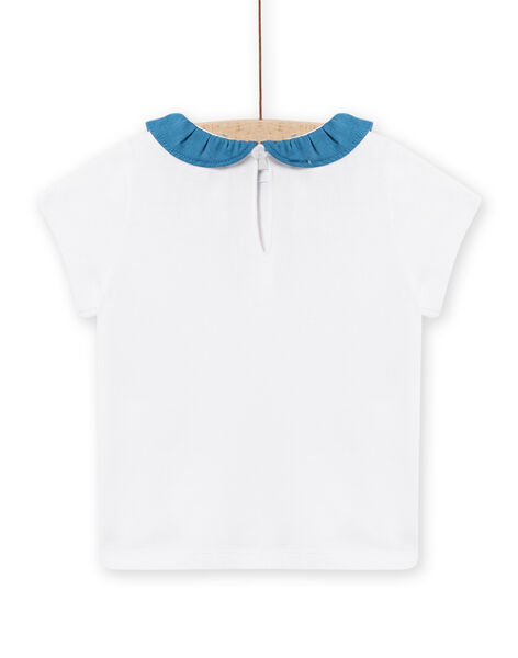 Ecru t-shirt with petrol blue ruffled collar baby girl NIJOBRA6 / 22SG09C4BRA000
