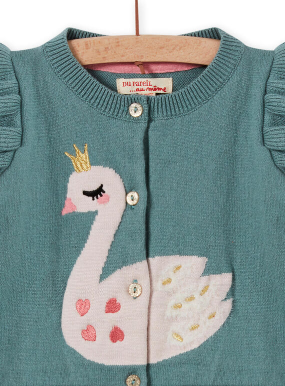 Baby girl khaki green cardigan with swan motif MIKACAR / 21WG09I1CAR612