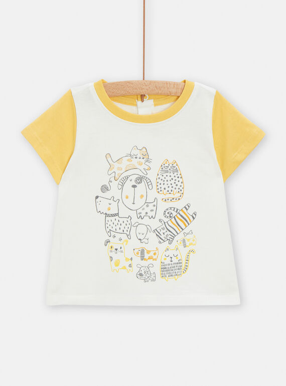 Ecru t-shirt with cat and dog motif for baby boys TULITI1 / 24SG10T1TMC001