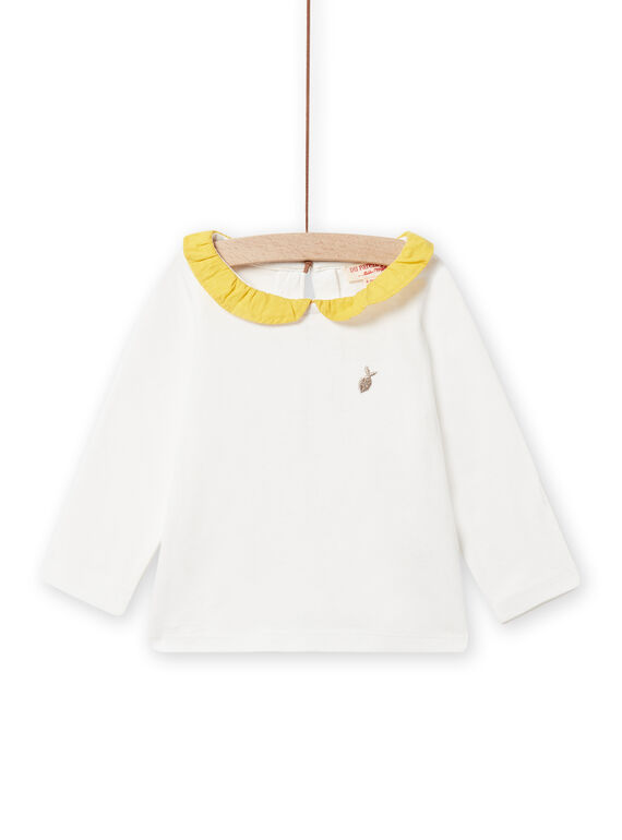 Baby girl ecru mimosa yellow ruffled collar t-shirt NIJOBRA1 / 22SG0974BRA001