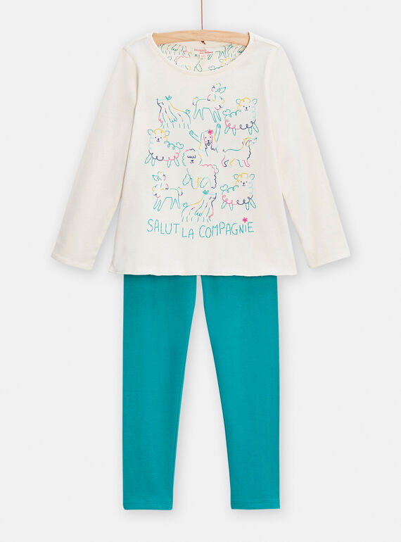 Girl's reversible white and duck blue pyjamas with dog print TEFAPYJDOG / 24SH1146PYJ001