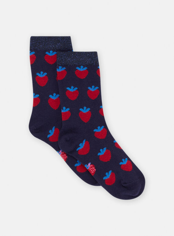 Girl's navy blue strawberry print socks SYAFORCHO / 23WI01B5SOQ070