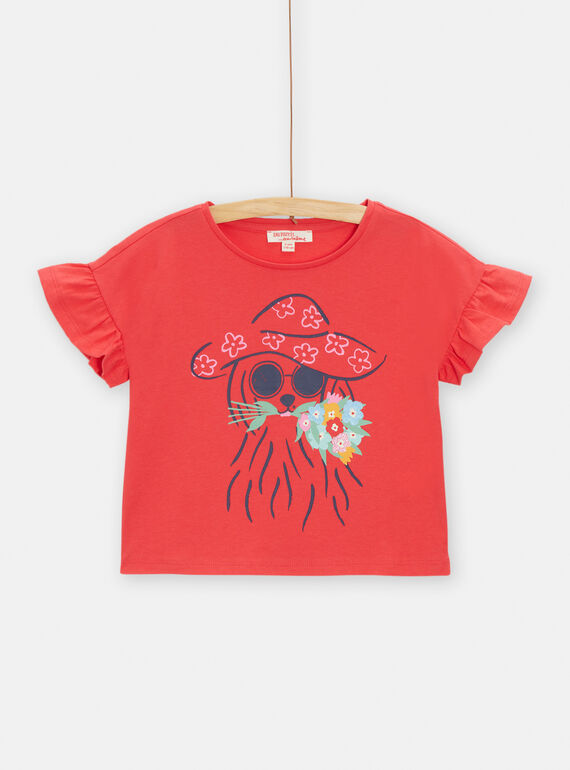 Girl's red dog with flowers T-shirt TACLUTI4 / 24S901O1TMCF506