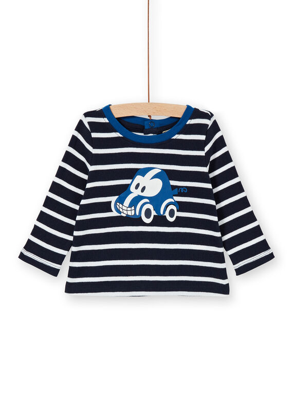 Dark blue and white striped cotton t-shirt baby boy LUJOTEE4 / 21SG1032TML713