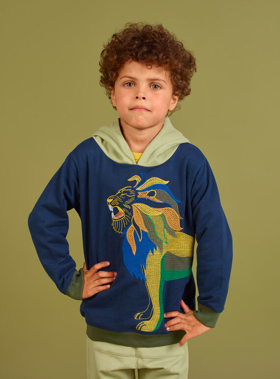Boy's midnight blue hoodie with lion print MOKASWE / 21W902I1SWE705