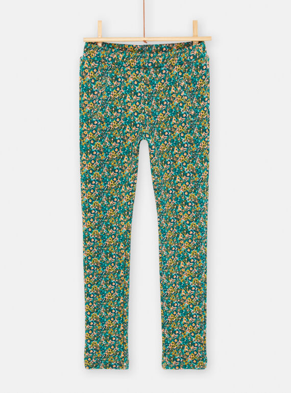 Girl's peacock blue pants with floral print SADUPANT1 / 23W901P1PANC235