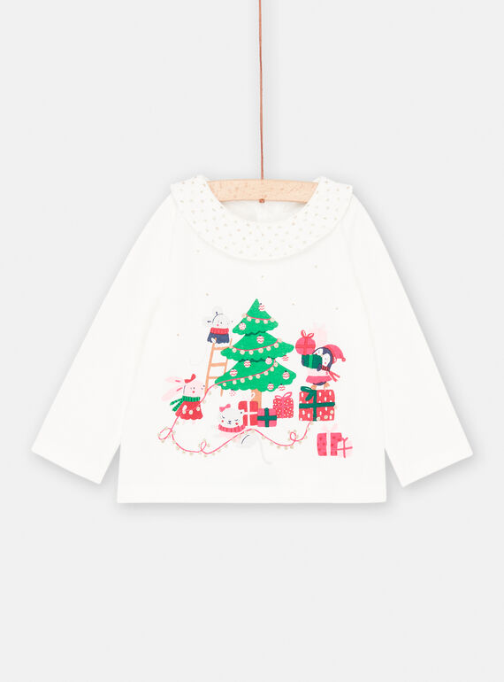 Long-sleeved ecru Christmas T-shirt for baby girl SIWAYBRA / 23WG09S1BRA001